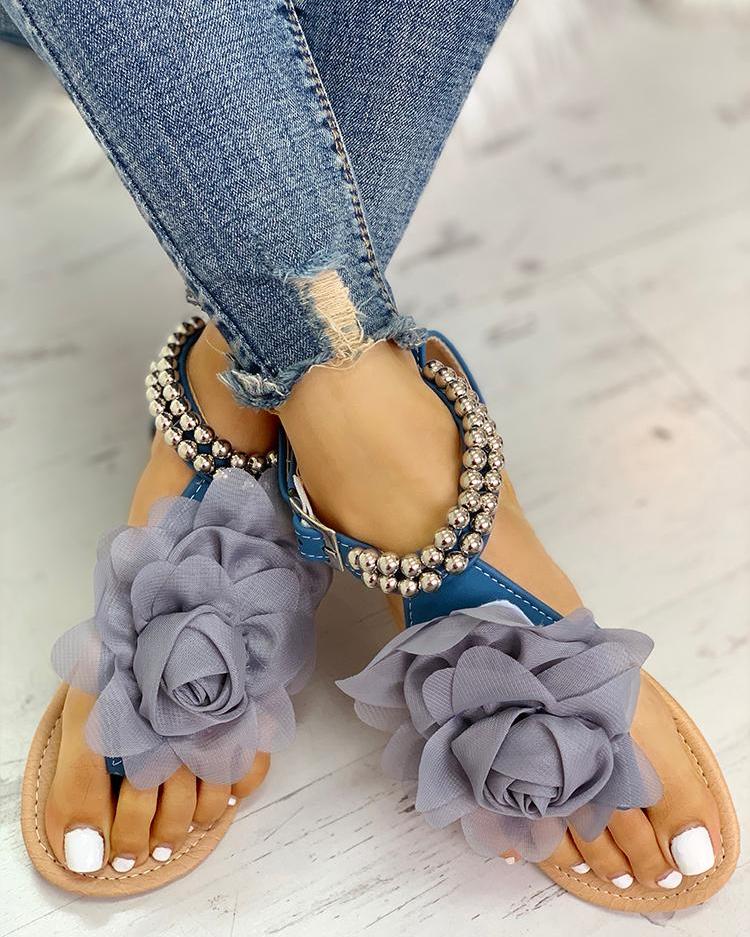 Lune London | Comfortable Flower Bead Straps Flat Sandal
