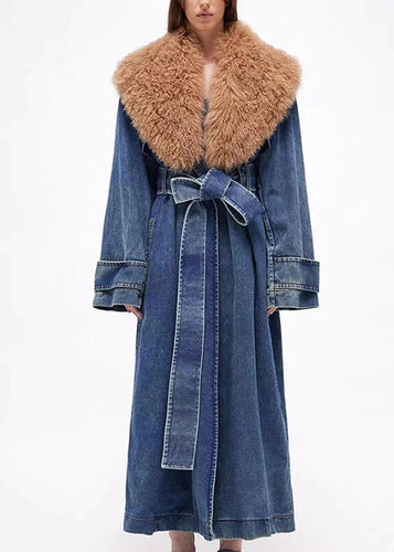 Amarae | Waist Denim Blue Fur Collar Patchwork Lace-Up Belt Long Trench Coats Winter