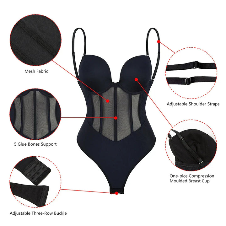 Lune London | Women's Belly Control Thong Sheer Mesh Corset Top Backless Bodysuit