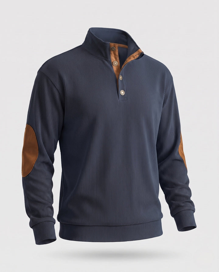Men's fine structured troyer with applied button placket and suede elbow patches Amarae