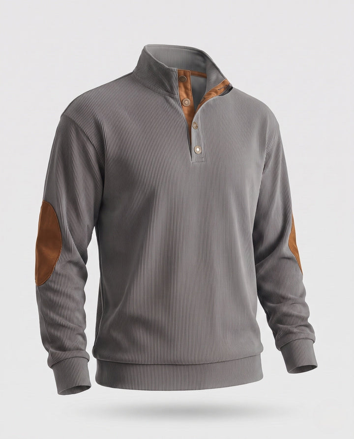 Men's fine structured troyer with applied button placket and suede elbow patches Amarae
