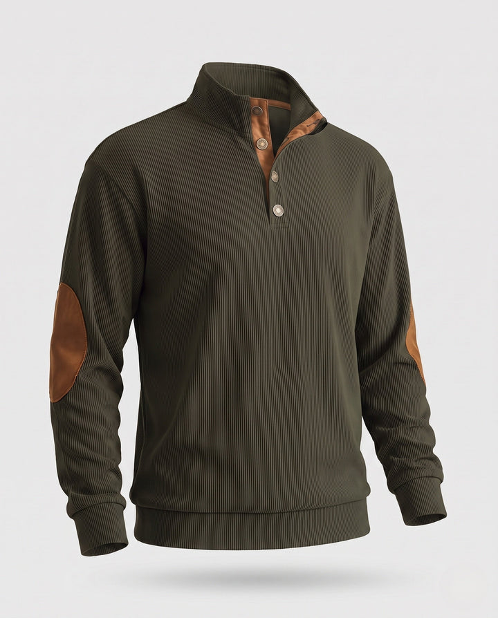Men's fine structured troyer with applied button placket and suede elbow patches Amarae