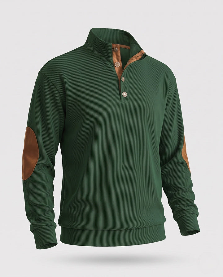 Men's fine structured troyer with applied button placket and suede elbow patches Amarae