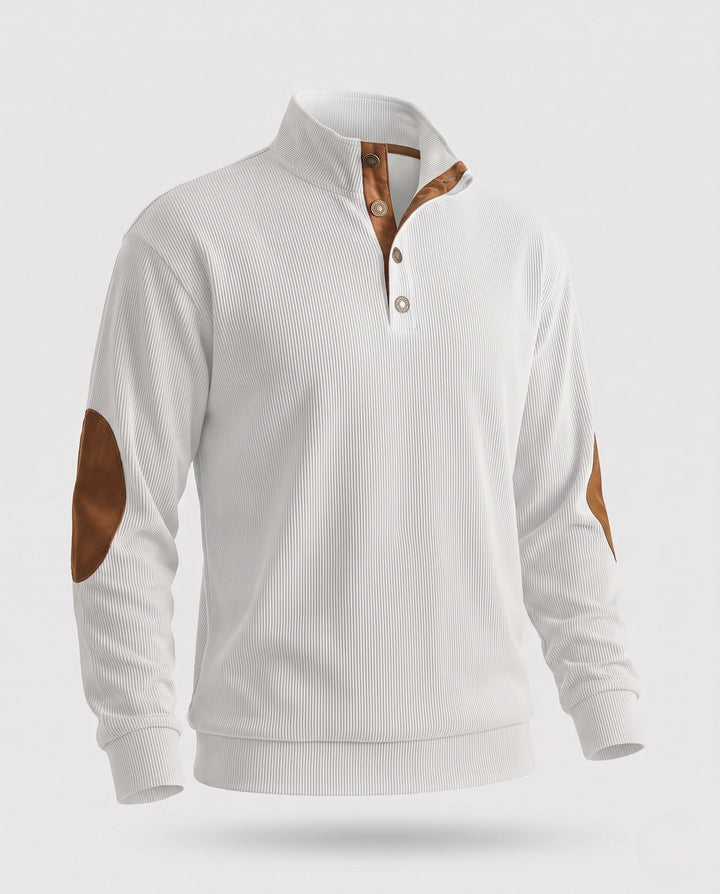 Men's fine structured troyer with applied button placket and suede elbow patches Amarae