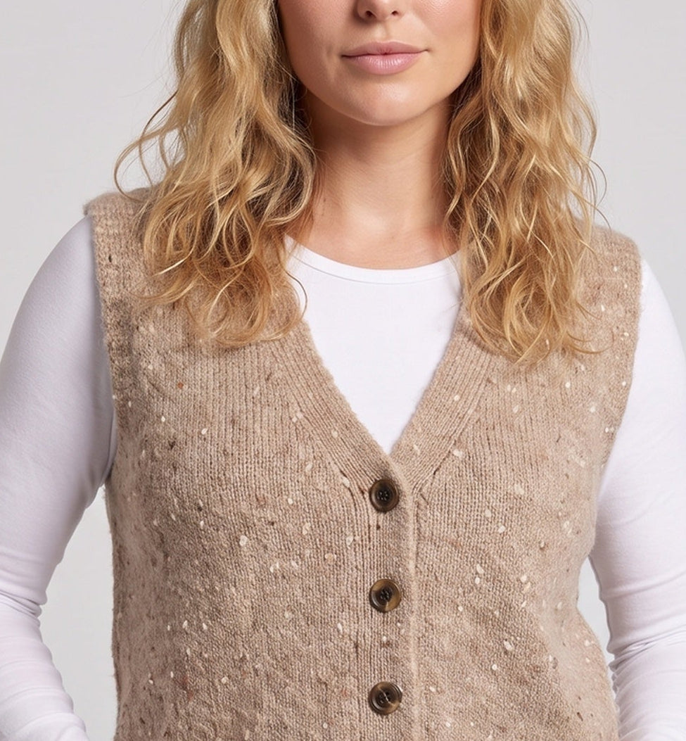 Women’s knit vest with V-neckline, bouclé texture and wooden button placket Amarae