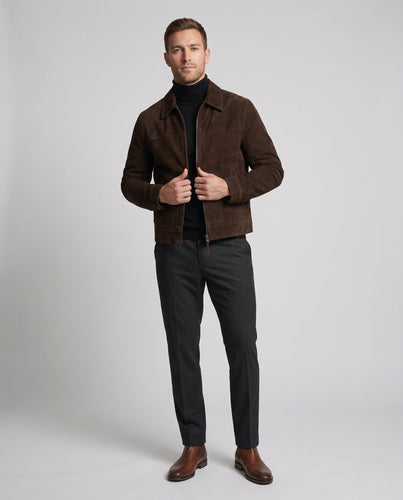 Men's short jacket made of suede with zipper, shirt collar, and straight hem Amarae