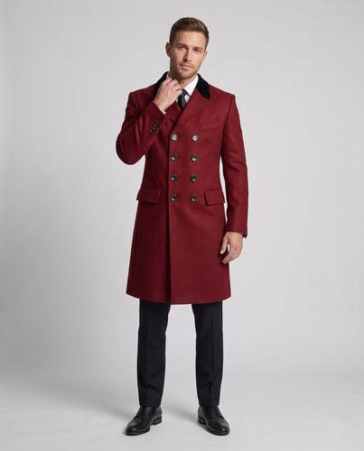 Men's Tailored Double-Breasted Wool Blend Coat with Contrasting Leather Collar Amarae