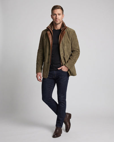 Men's Blazer Jacket with Leather Trim and Stand Collar Amarae