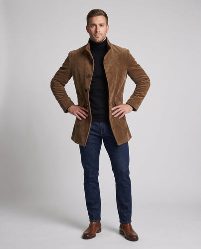 Men's Tailored Cord Coat with Stand-Up Collar, Patch Pockets, and Wooden Buttons Amarae