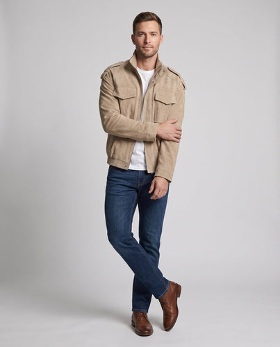 Men's suede bomber jacket in aviator style with epaulettes and patch breast pockets Amarae
