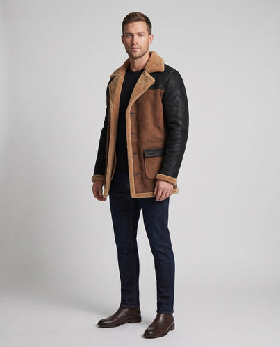 Men's Vintage Aviator Jacket in Shearling Look with Contrast Sleeves Amarae
