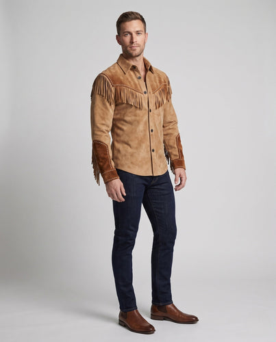 Men's Suede Fringe Shirt in Western Style Amarae