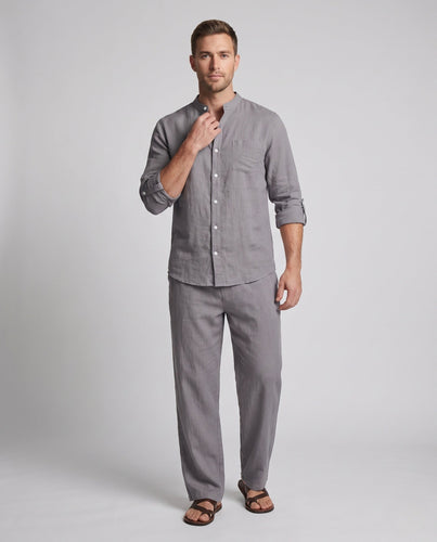 Men's Casual Linen Set with Stand Collar Shirt and Wide Lounge Pants Amarae