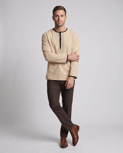 Men's Casual Tunic Henley with Decorative Piping, Round Neckline and Wooden Buttons Amarae