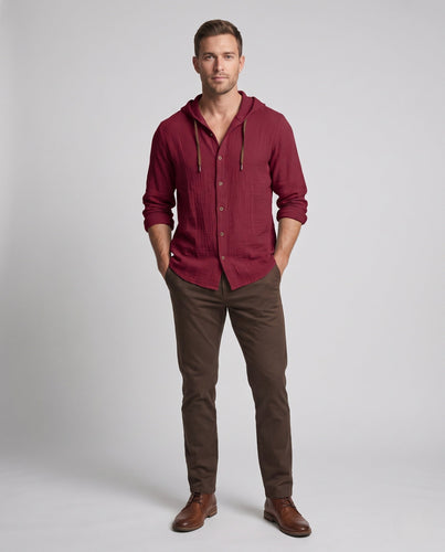Men's Lightweight Linen Hooded Shirt with Button Placket and Casual Fit Amarae