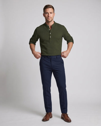Men's Lightweight Waffle Pique Shirt with Stand Collar and Half Button Placket Amarae