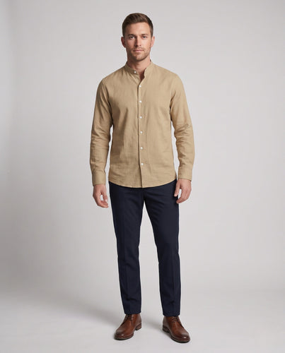 Men's Stand Collar Shirt made of Linen-Cotton Blend with Fine Pinstripes Amarae