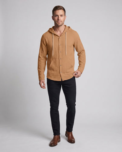 Men's Structured Lightweight Fabric Hoodie Shirt Cardigan with Button Placket and Kangaroo Pocket Amarae