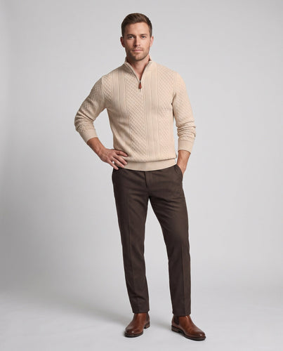 Men's Textured Knit Half-Zip with Stand-Up Collar and Leather Zipper Pull Amarae