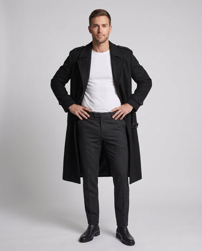 Men's Longline Wool Coat with Narrow Shawl Collar, Slim Silhouette and Side Vent Amarae