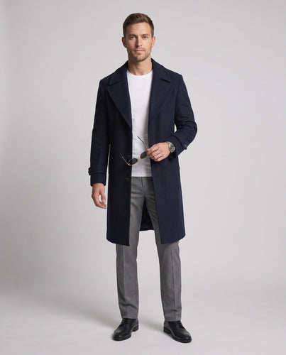 Men's Maxilength Wool Blend Long Coat with Narrow Lapels and Timeless Silhouette Amarae