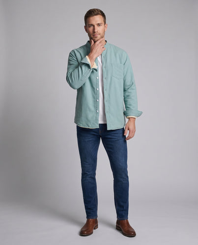 Men's Thermal Shirt Jacket with Teddy Lining, Stand-up Collar and Patch Chest Pocket Amarae