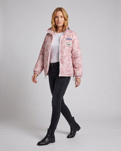 Women Padded Teddy Print Quilted Jacket with Stand Collar and Drawstring Amarae