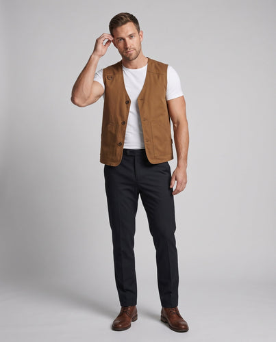 Men's Sleeveless Denim Utility Vest with Checkered Lining V-Neck and Oversized Front Pockets Amarae