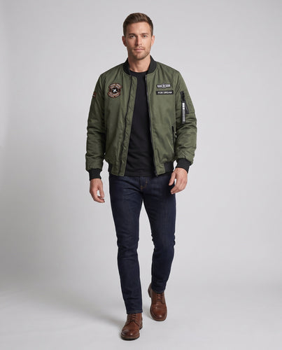 Men's bomber jacket in aviator style with badge patches, arm pocket, and warming quilted filling Amarae