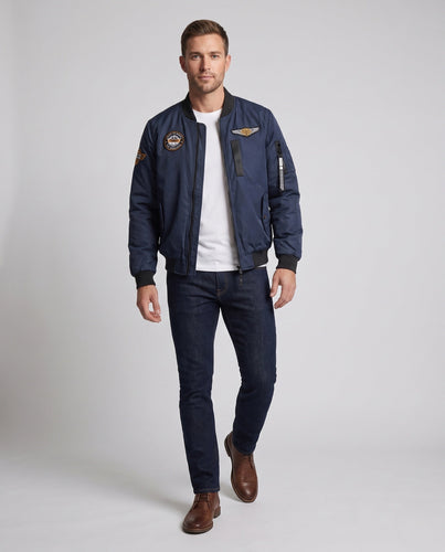 Men's bomber jacket in aviator style with quilted thermal lining, embroidered patches, and sleeve pocket Amarae