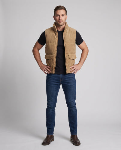 Men's corduroy quilted vest with warming teddy lining, flap pockets and high stand-up collar Amarae
