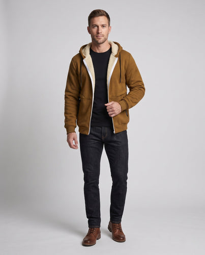 Men's Hooded Fleece Jacket with Teddy Lining, Full Zip and Zip Pocket Amarae