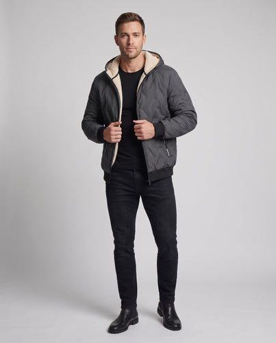 Men's Hooded Padded Thermo Bomber Jacket with Teddy Lining and Windproof Outer Layer Amarae