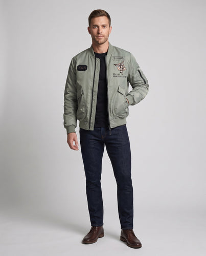 Men's Short Cut Flight Bomber Jacket with Patches and Utility Pockets Amarae