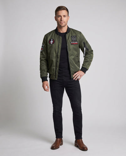 Men's Short Bomber Jacket with Patch Applications, Nylon Outer Material and Quilted Inner Lining Amarae