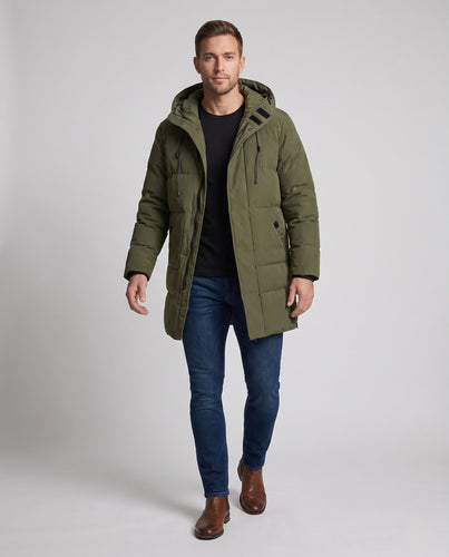 Men's Long Quilted Parka with Water-Repellent Outer Shell and Drawstring Hood Amarae