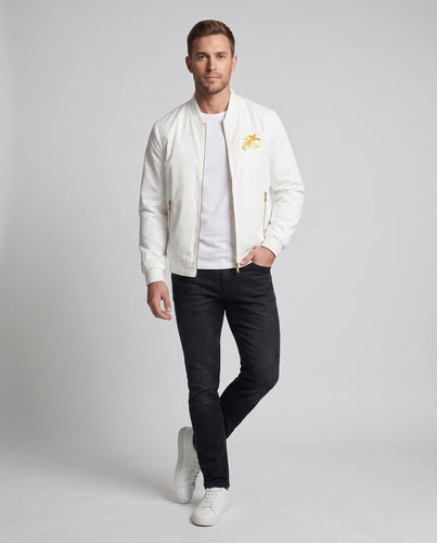 Men's Lightweight Bomber Jacket with Gold Embroidered Emblem and Zip Pockets Amarae