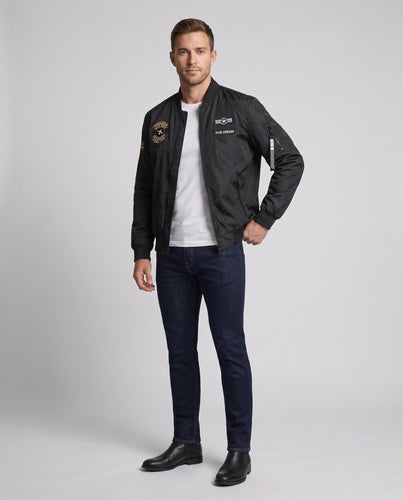Men's Lightweight Flight Bomber Jacket with Patch Details, Arm Pocket and Water-Repellent Nylon Surface Amarae