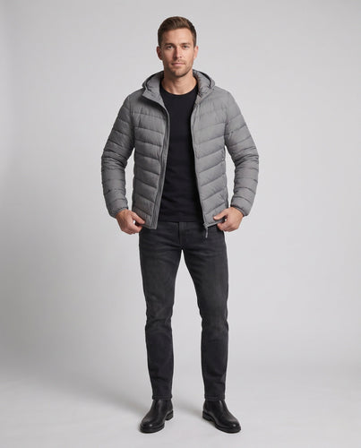 Men's Lightweight Quilted Hooded Jacket with Chevron Quilting and Windproof Outer Layer Amarae
