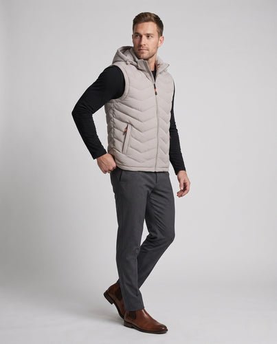 Men's lightweight quilted hooded vest with chevron quilting, windproof outer layer and zip pockets Amarae