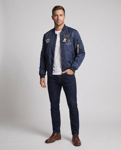 Men's Satin Bomber Jacket in Pilot Design with Embroidered Patches and Multiple Pockets Amarae