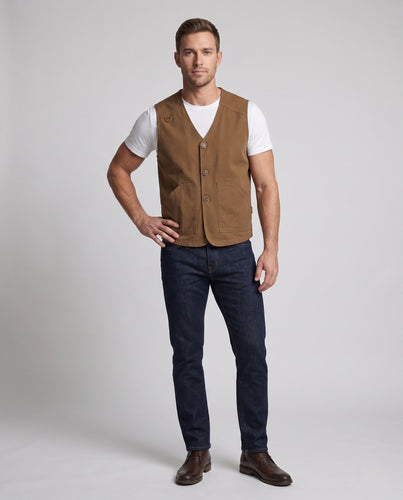 Men's Utility Vest with V-Neck, sturdy cotton canvas and checked inner lining Amarae