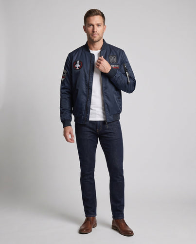 Men's Reversible Bomber Jacket with Applied Patches, Nylon Outer Material and Sleeve Zip Pocket Amarae