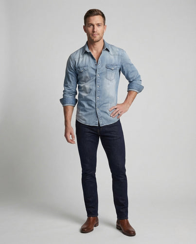 Men's Stretch Western Denim Shirt with Contrast Stitches