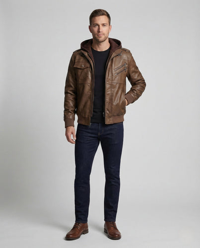 Men's Vintage Leather Blouson with Hood