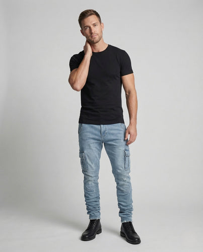 Men's Slim Fit Cargo Jeans with Sewn Pockets