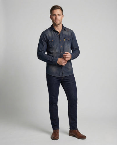 Men's Denim Shirt Slim Fit Breast Pockets Kent Collar