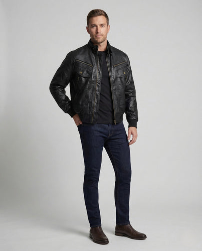 Men's leather imitation pilot jacket with stand-up collar