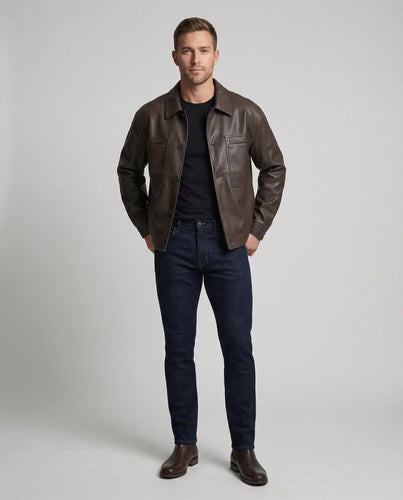 Men's Faux Leather Worker Jacket Wide Chest Pockets