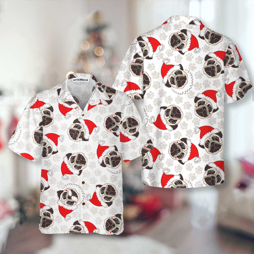 Lune London | Pug Dog In Santa Hut Hawaiian Shirt, Fun Christmas Shirt for Dogs, Christmas Gift for Pug Lovers